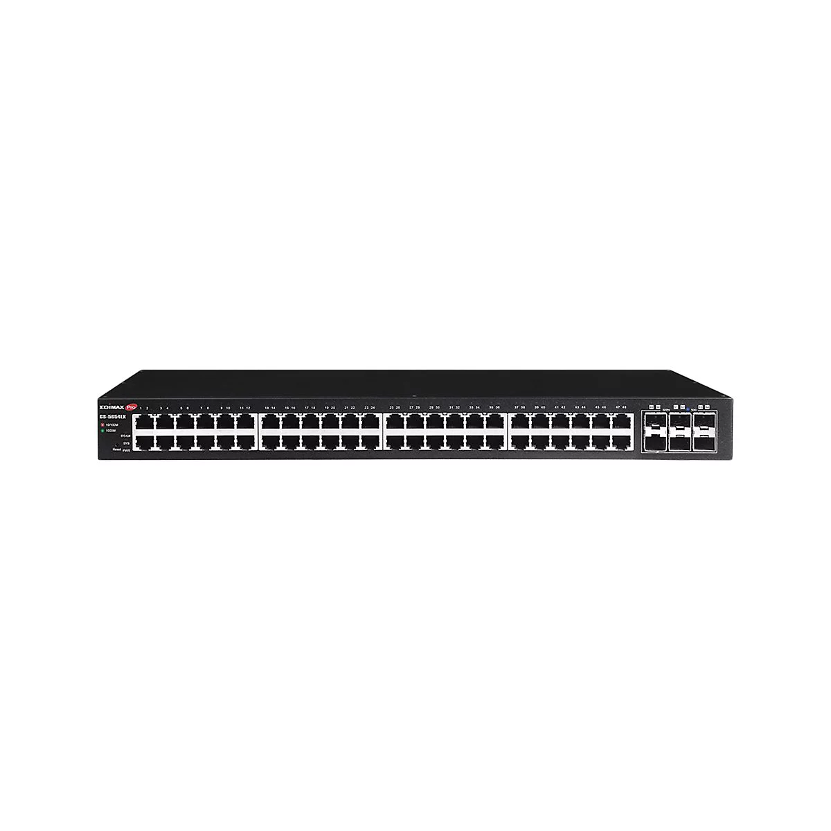 Schwarzer Edimax Netzwerk-Switch GS-5054LX mit 48 Anschlüssen und 4 SFP-Ports vor weißem Hintergrund.