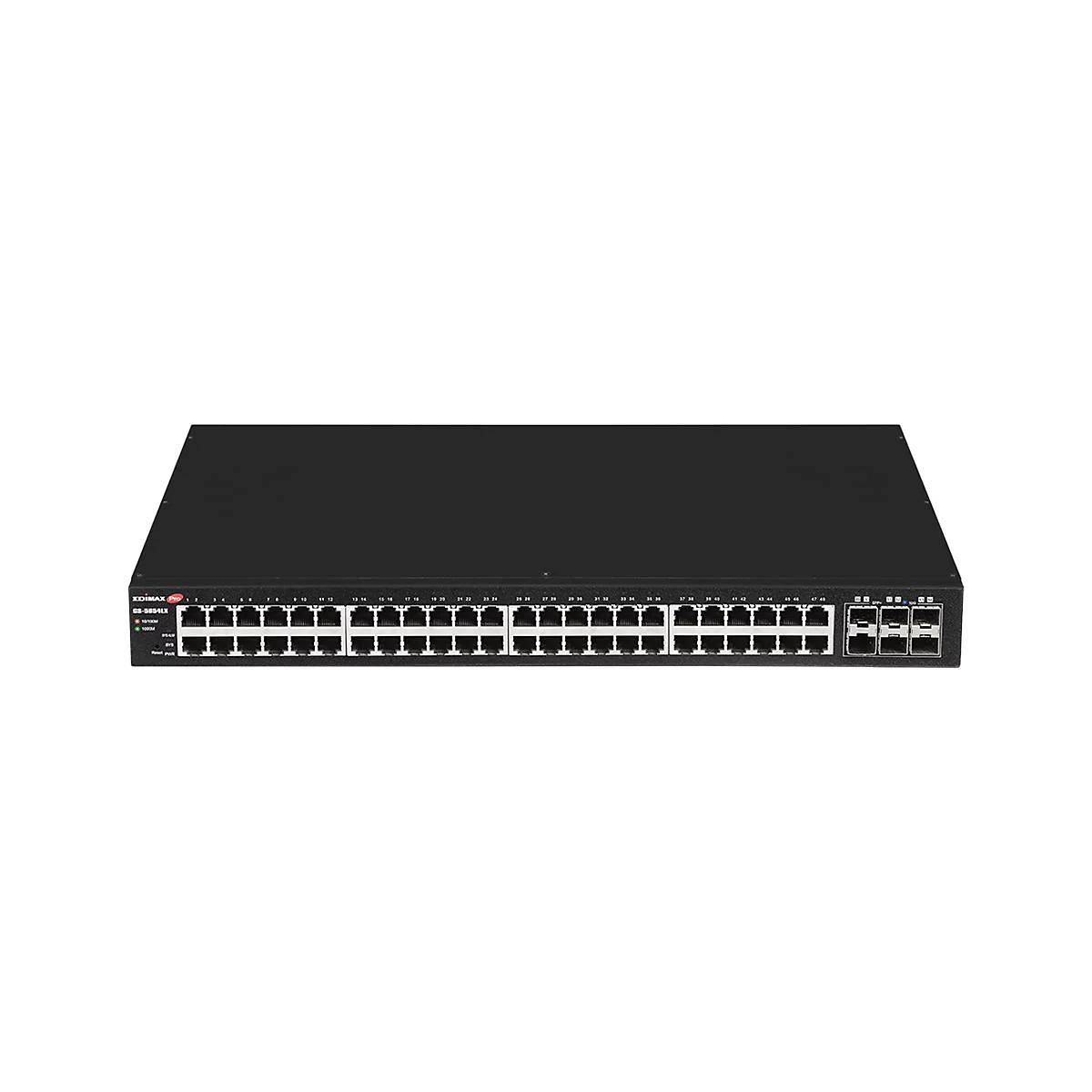 Schwarzer Edimax Pro Netzwerk-Switch mit 48 LAN-Ports und zusätzlichen SFP-Anschlüssen vor weißem Hintergrund.