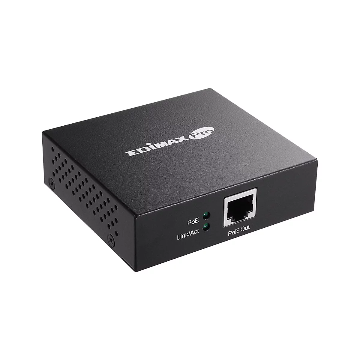 Schwarzer Netzwerk-Switch mit 'EDIMAX Pro'-Logo, Ports und Kontrollleuchten.