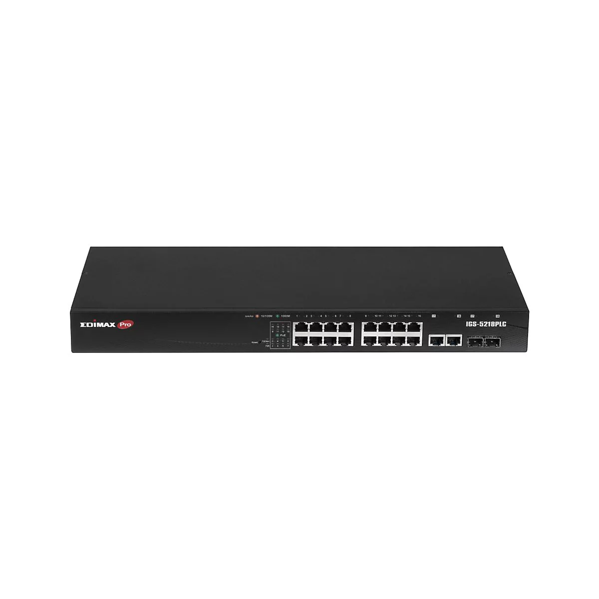 Schwarzer Edimax Pro Netzwerk-Switch IGS-5218PLC mit Anschlüssen und Status-LEDs auf weißem Grund.