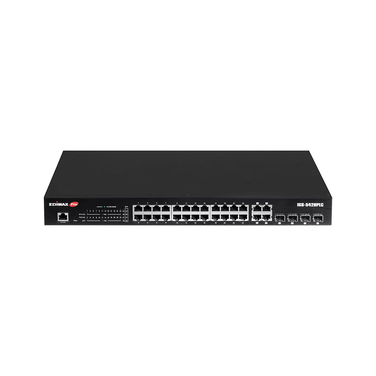 Schwarzer Edimax Pro Netzwerk-Switch IGS-5428PLC mit 24 Ethernet-Ports und 4 SFP-Steckplätzen.