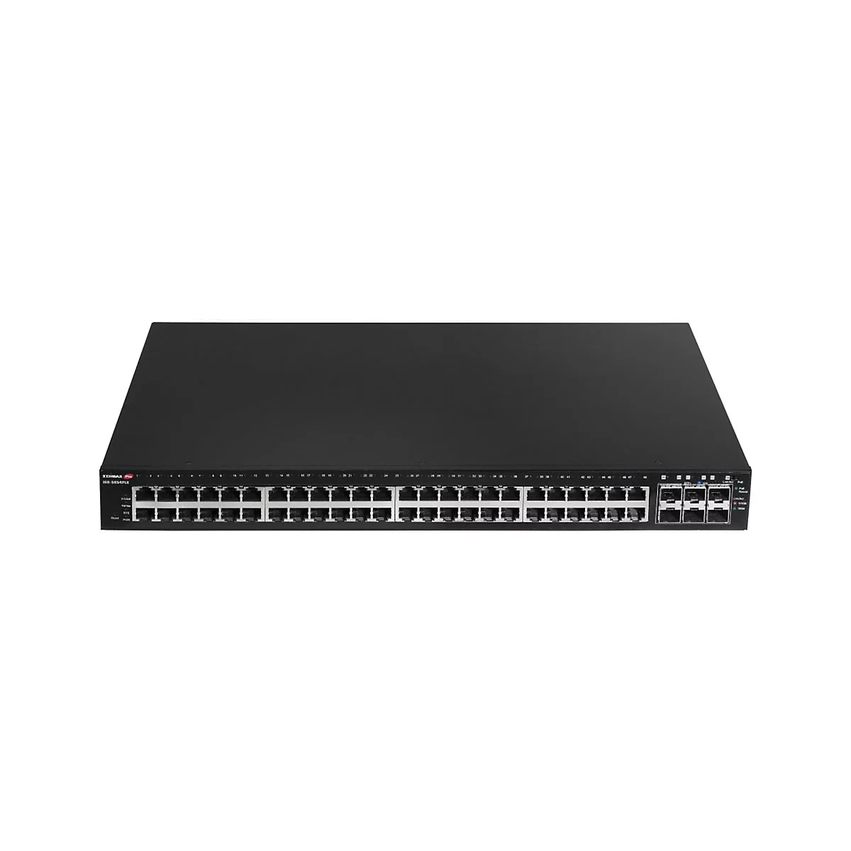 Schwarzer Edimax Pro Netzwerk-Switch mit zahlreichen RJ45-Anschlüssen vor neutralem Hintergrund.