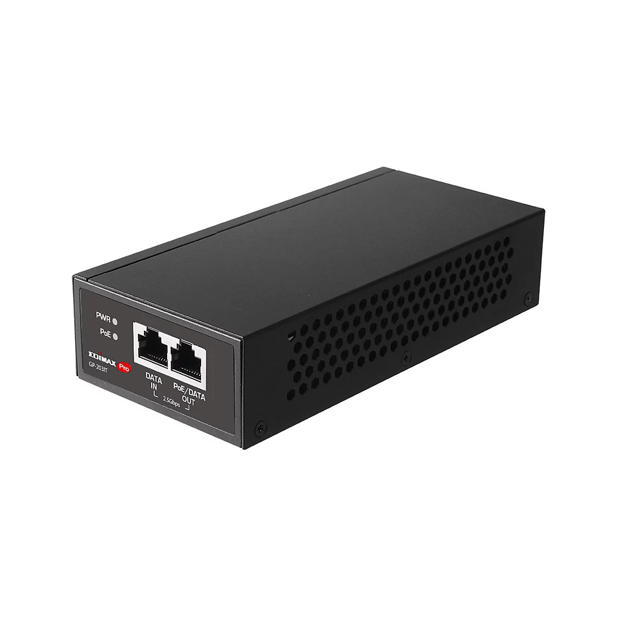 Schwarzer Edimax Pro Injektor GP-203IT mit zwei LAN-Anschlüssen und Status-LEDs auf weißem Hintergrund.