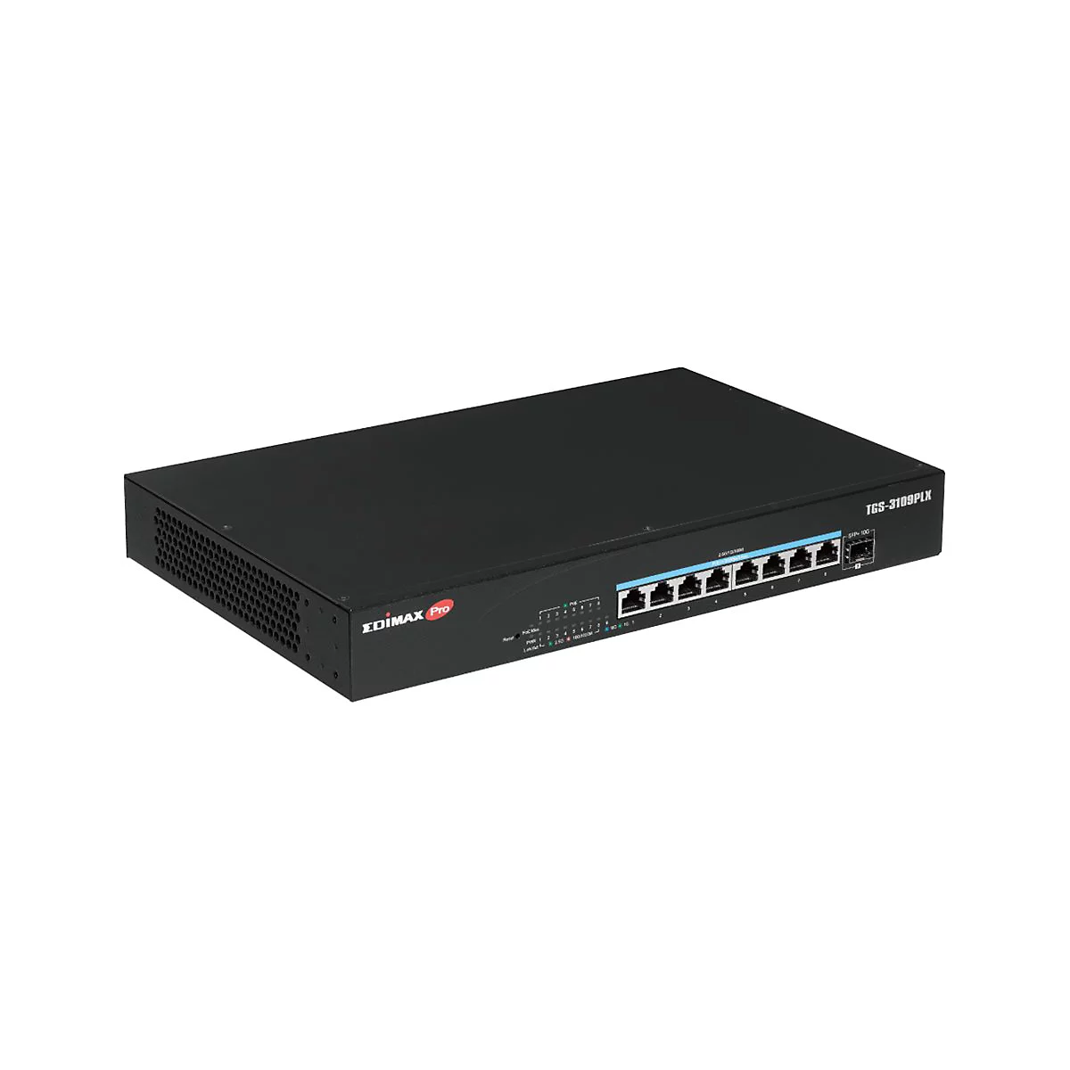 Schwarzer Edimax Pro Netzwerk-Switch TGS-3109PLX mit acht Ports vor weißem Hintergrund.