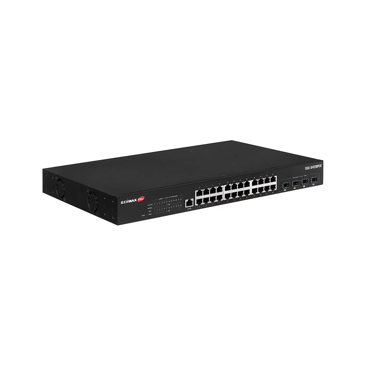 Schwarzer Edimax Pro Netzwerk-Switch IGS-5428PLX in der Frontalansicht vor weißem Hintergrund.