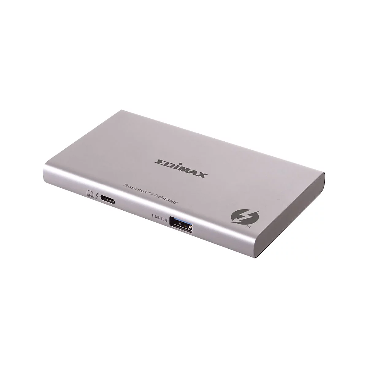 Silberne externe Festplatte von Edimax, mit USB 10G und Thunderbolt 4 Technologie.