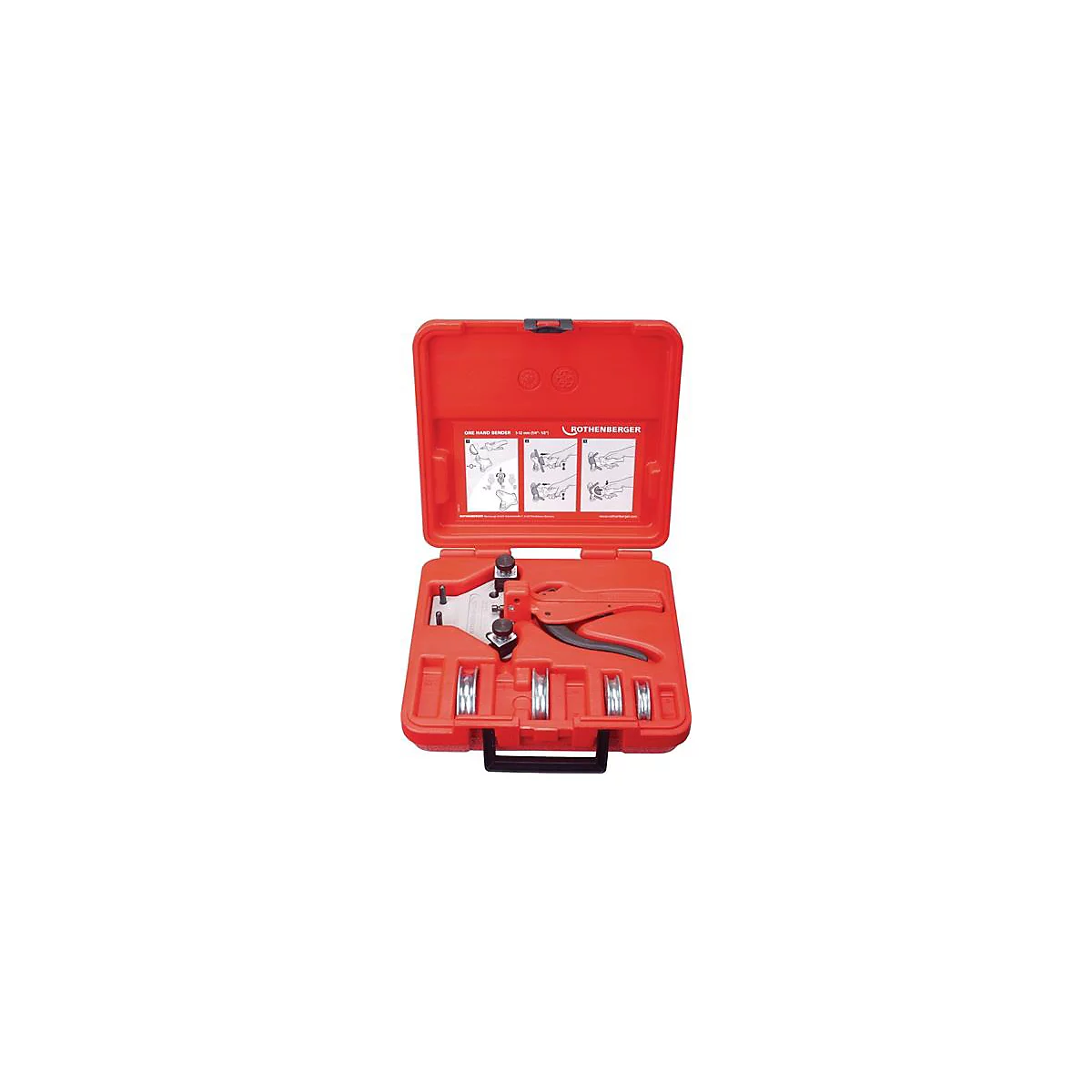 Rode gereedschapskoffer met pijpenbuiggereedschap en accessoires erin, bedieningsinstructies in het deksel.