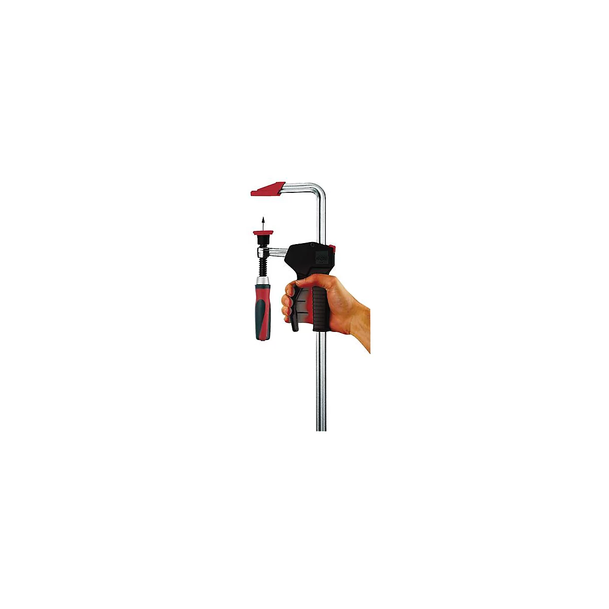 Een klem in de hand, rood-zwart, verchroomde stang.