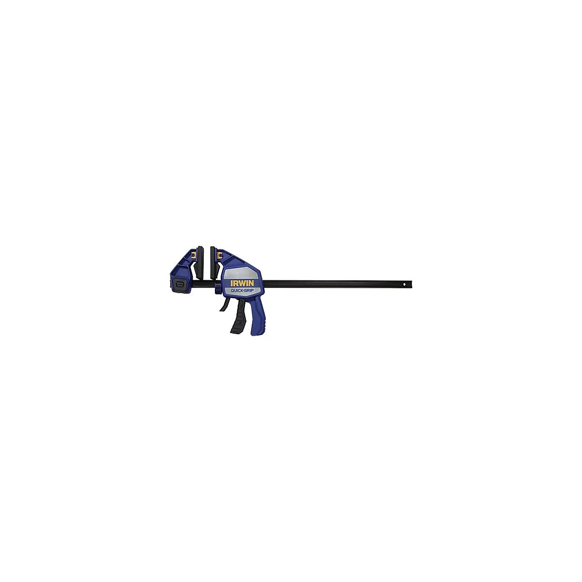 Blauwe klem met handvat en zwarte rail. Inscriptie: Irwin Quick-Grip.