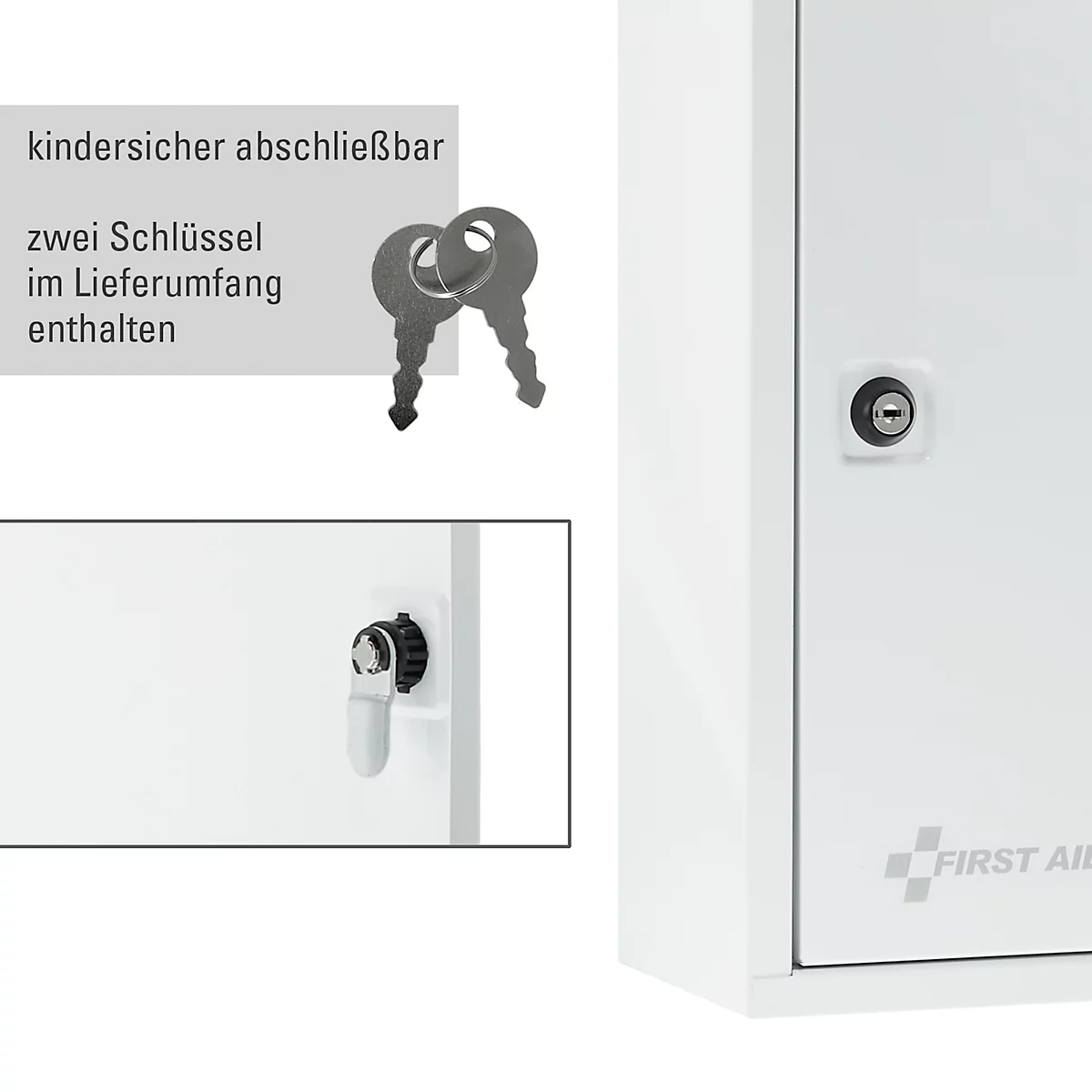 Eerste hulp kast Eerste hulp alleen, zonder inhoud, 2 compartimenten, afsluitbaar, wandmontage, B 300 x D 370 x H 140 mm, metaal, wit