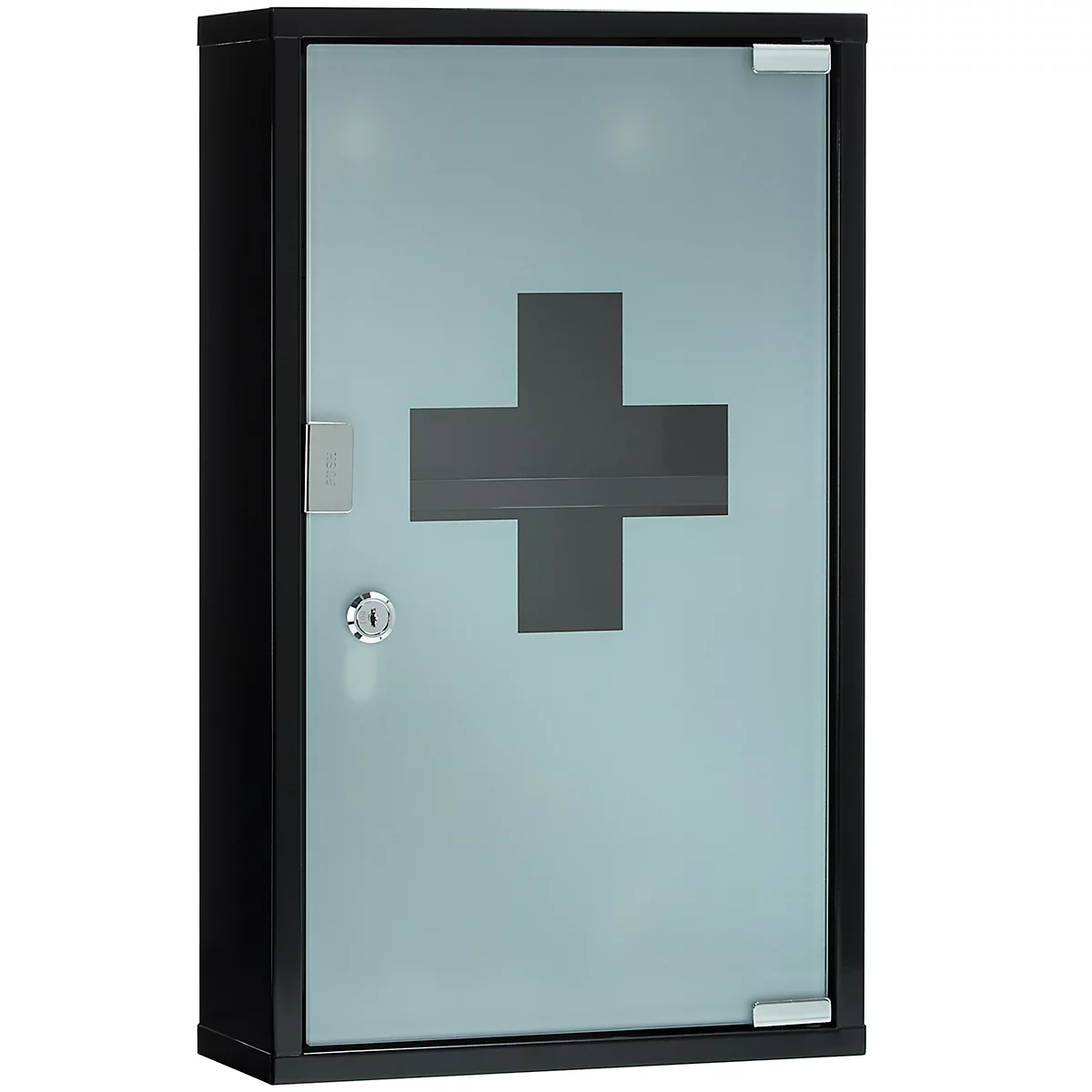 Eerste hulp kast First Aid Only, zonder inhoud, 2 compartimenten, afsluitbare matglazen deur, wandmontage, B 300 x D 500 x H 120 mm, metaal en glas, zwart
