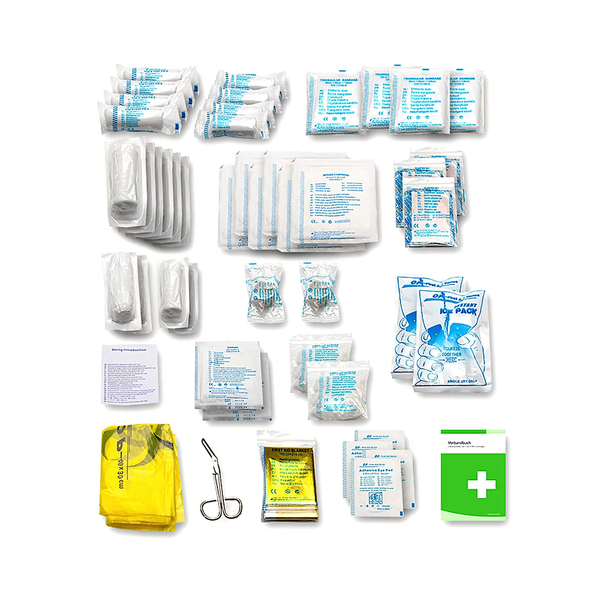 Verzameling medische benodigdheden, waaronder verband, wattenstaafjes, pleisters, scharen en een EHBO-koffer.