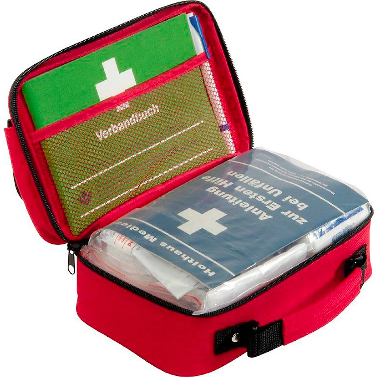 Eerstehulpkoffer Office plus, inhoud volgens DIN 13 157, met buitenzak, incl. DIN A5 eerstehulpboekje &amp; pen, B 260 x D 100 x H 170 mm, nylon, rood