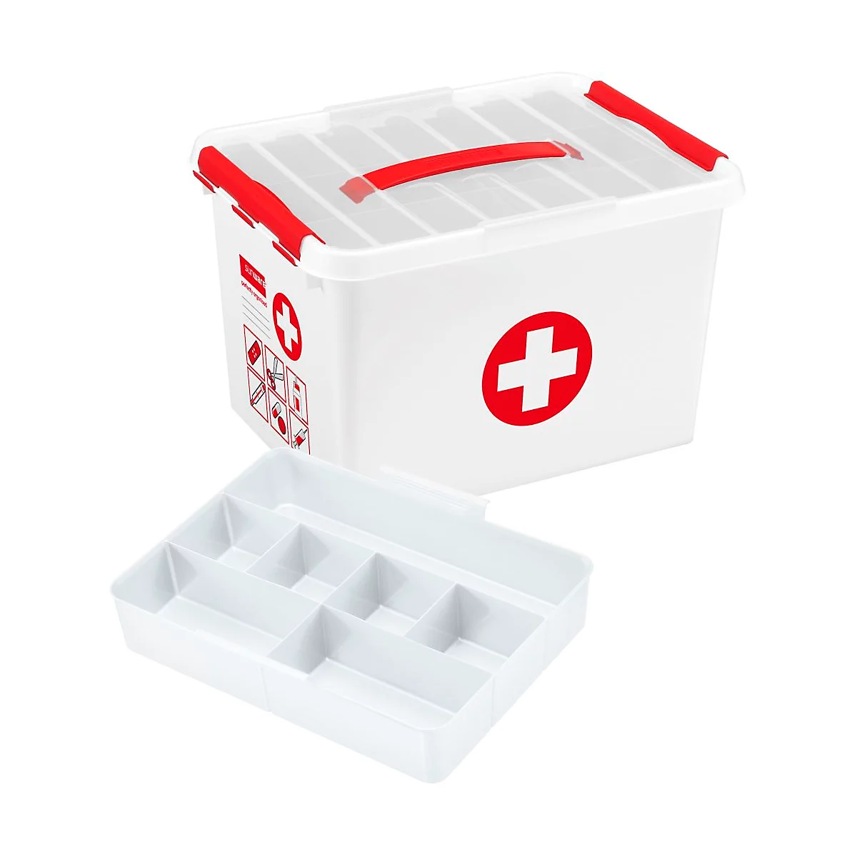 Eerstehulpkoffer Sunware Q-line, incl. inzetstuk met vakverdeling, 22 l, B 400 x D 300 x H 260 mm, wit/rood