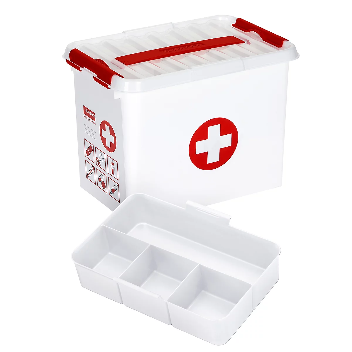 Eerstehulpkoffer Sunware Q-line, incl. inzetstuk met vakverdeling, 9 l, B 300 x D 220 x H 200 mm, wit/rood