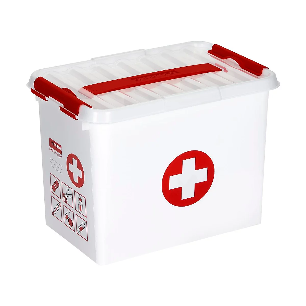 Eerstehulpkoffer Sunware Q-line, incl. inzetstuk met vakverdeling, 9 l, B 300 x D 220 x H 200 mm, wit/rood