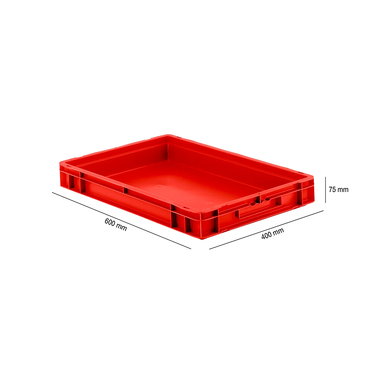 Red plastic box with dimensions, 600 x 400 x 75 mm.