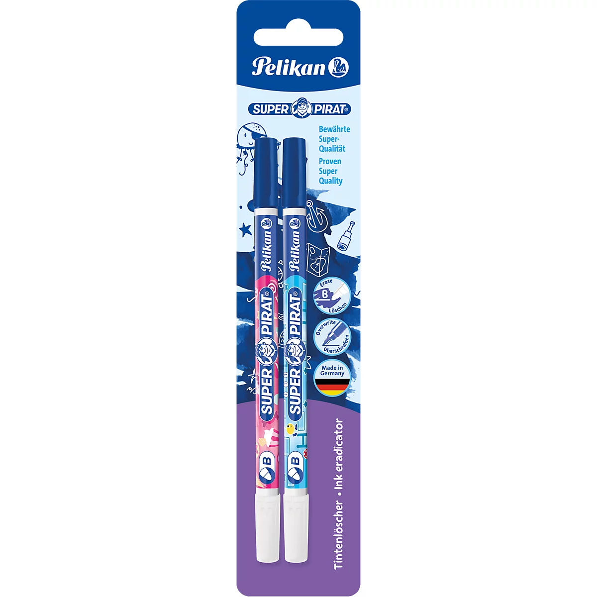 Deux effaceurs d'encre Pelikan Super Pirat dans un emballage blister bleu et violet avec des motifs de pirates.