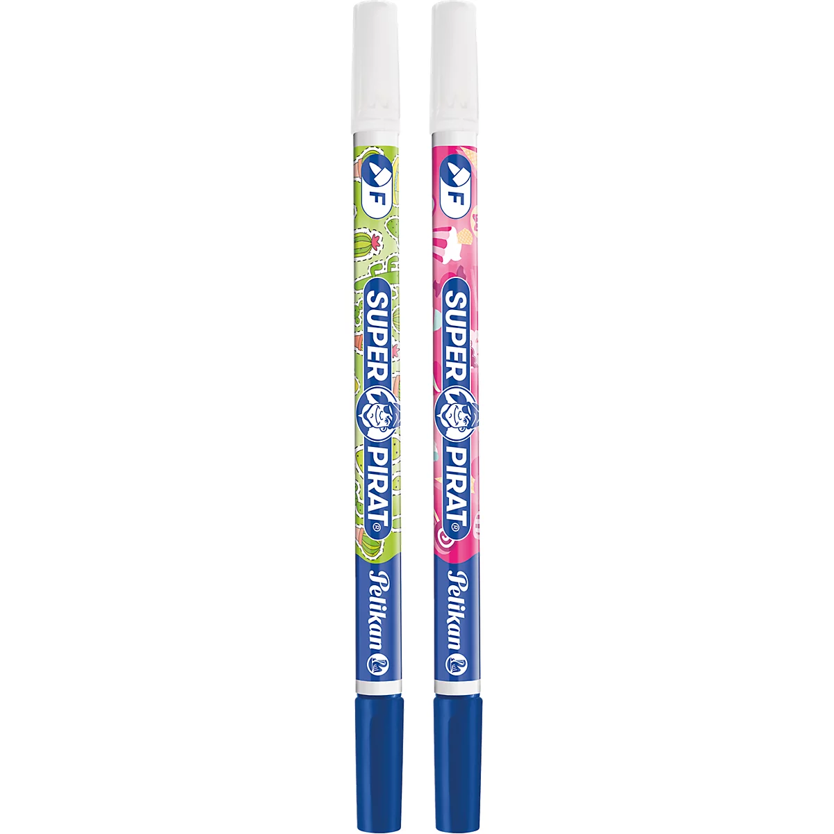 Deux effaceurs d'encre Pelikan Super Pirat avec des motifs verts et roses sur fond blanc.
