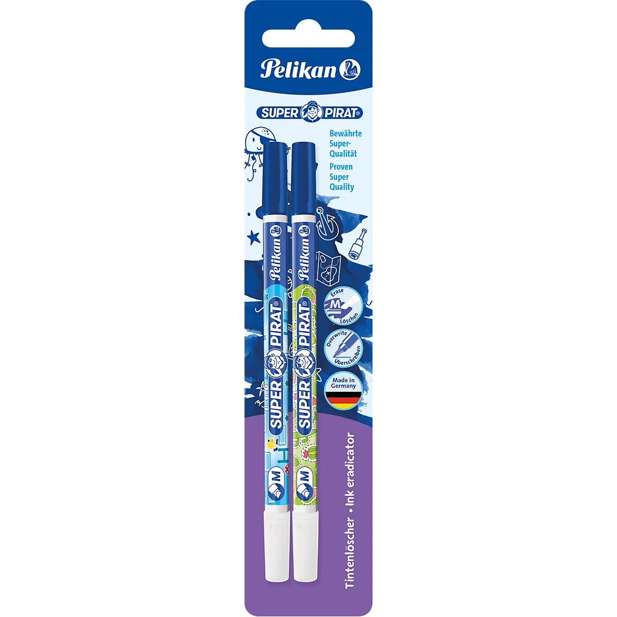 Deux effaceurs d'encre Pelikan Super Pirat dans un emballage blister bleu et blanc avec des motifs de pirates.