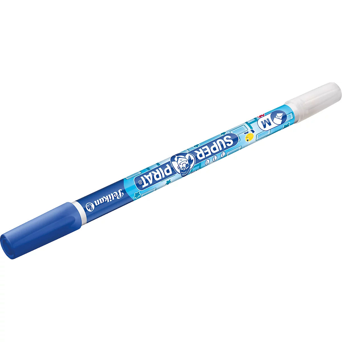 Effaceur d'encre bleu Pelikan Super Pirat avec corps bleu clair et capuchon blanc sur fond blanc.