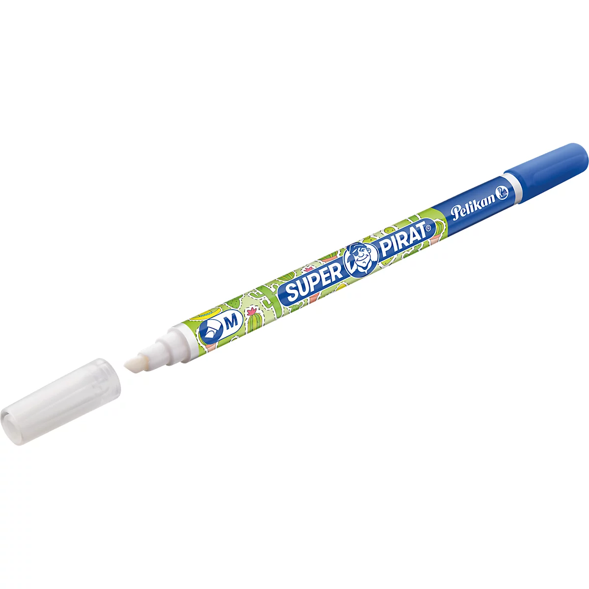 Un effaceur d'encre Pelikan Super Pirat avec le capuchon blanc retiré, sur un fond blanc.
