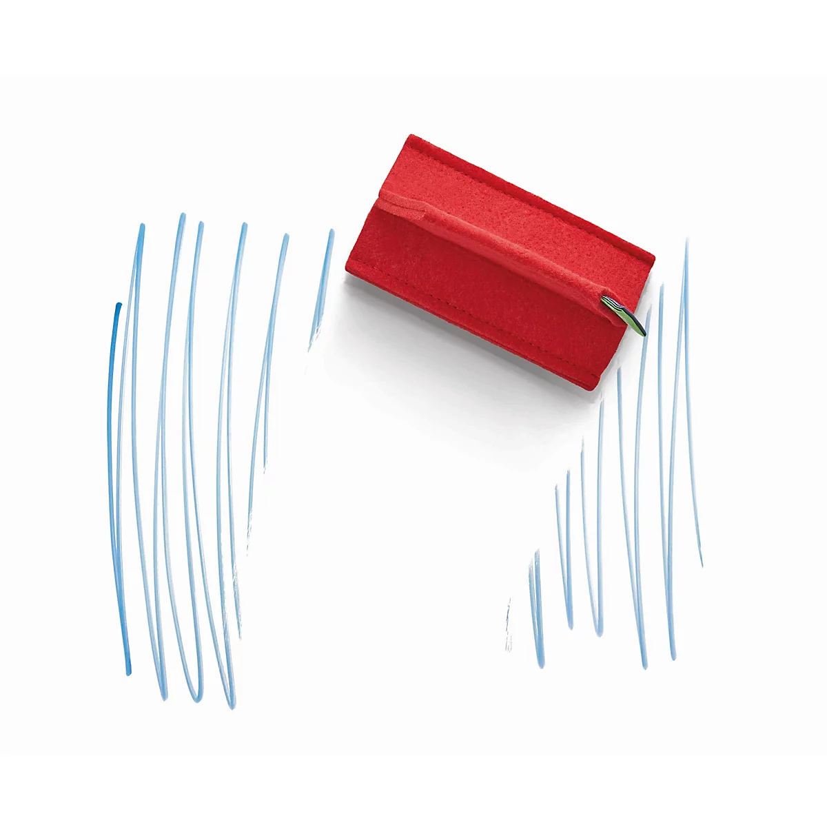 Une gomme rouge efface des lignes bleues sur du papier blanc.