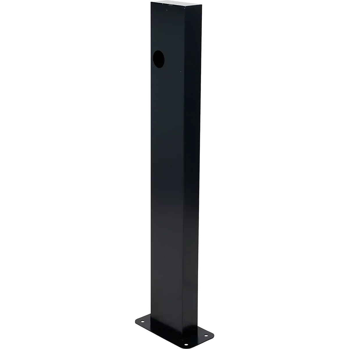 Schwarze, rechteckige Säule, mit Loch und Fußplatte. Auf weissem Hintergrund.