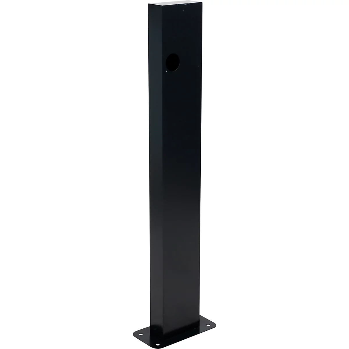 Schwarze, rechteckige Säule mit ovalem Loch. An der Basis eine Platte mit Löchern.