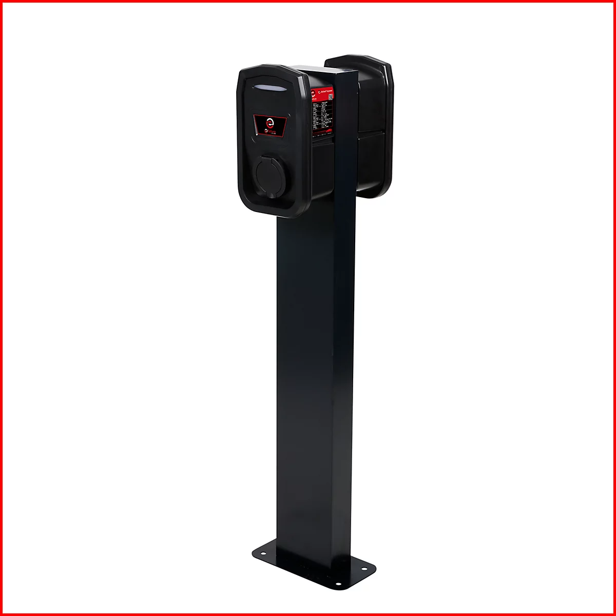 Schwarze Ladesäule für Elektroautos. Sie steht auf einer quadratischen Basis und hat einen schwarzen Mast. Auf dem Mast ist ein schwarzes Gehäuse mit Anzeige und Steckdose befestigt.