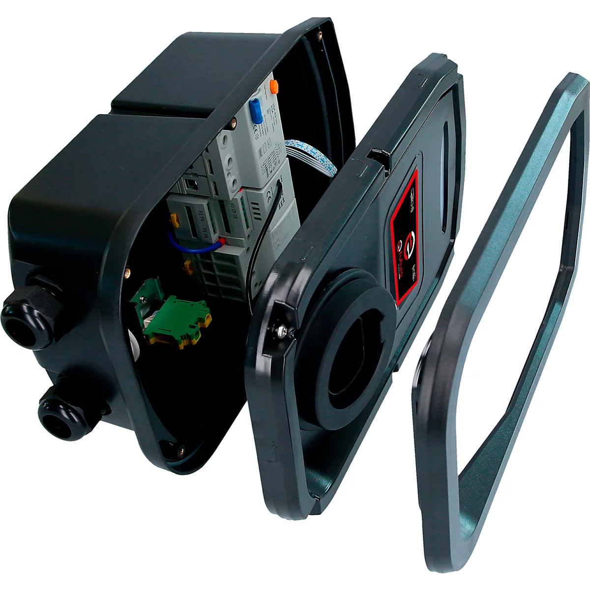 Schwarzes, zerlegtes elektronisches Gehäuse. Innenliegend sind Leiterplatten, Kabel und Steuerelemente erkennbar.