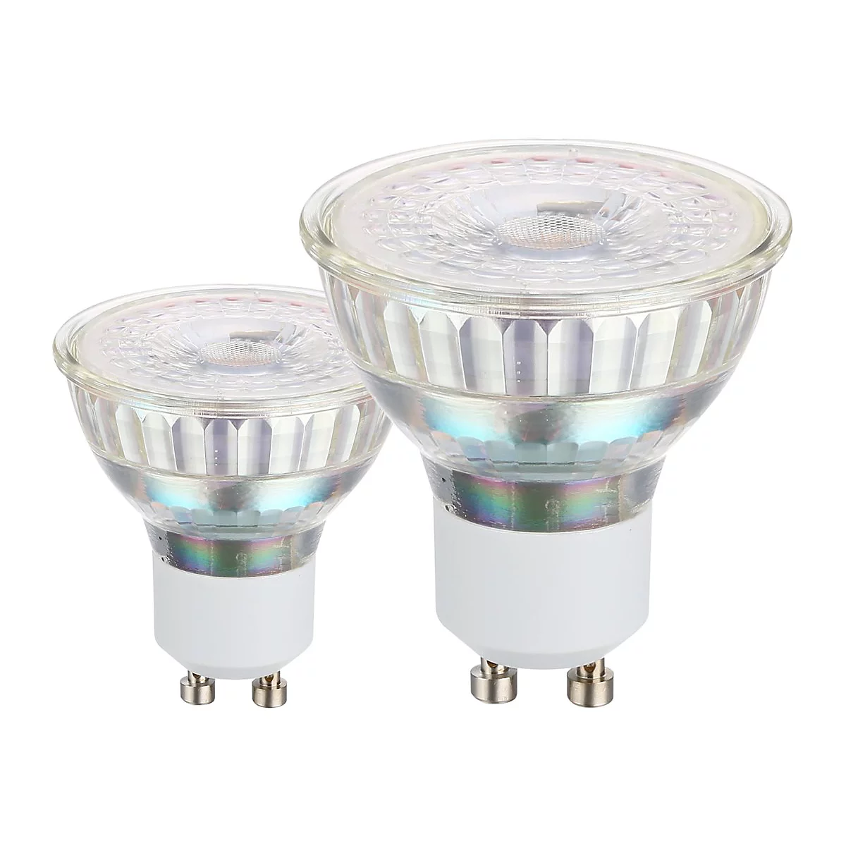Deux ampoules LED transparentes avec une base blanche et deux broches métalliques.