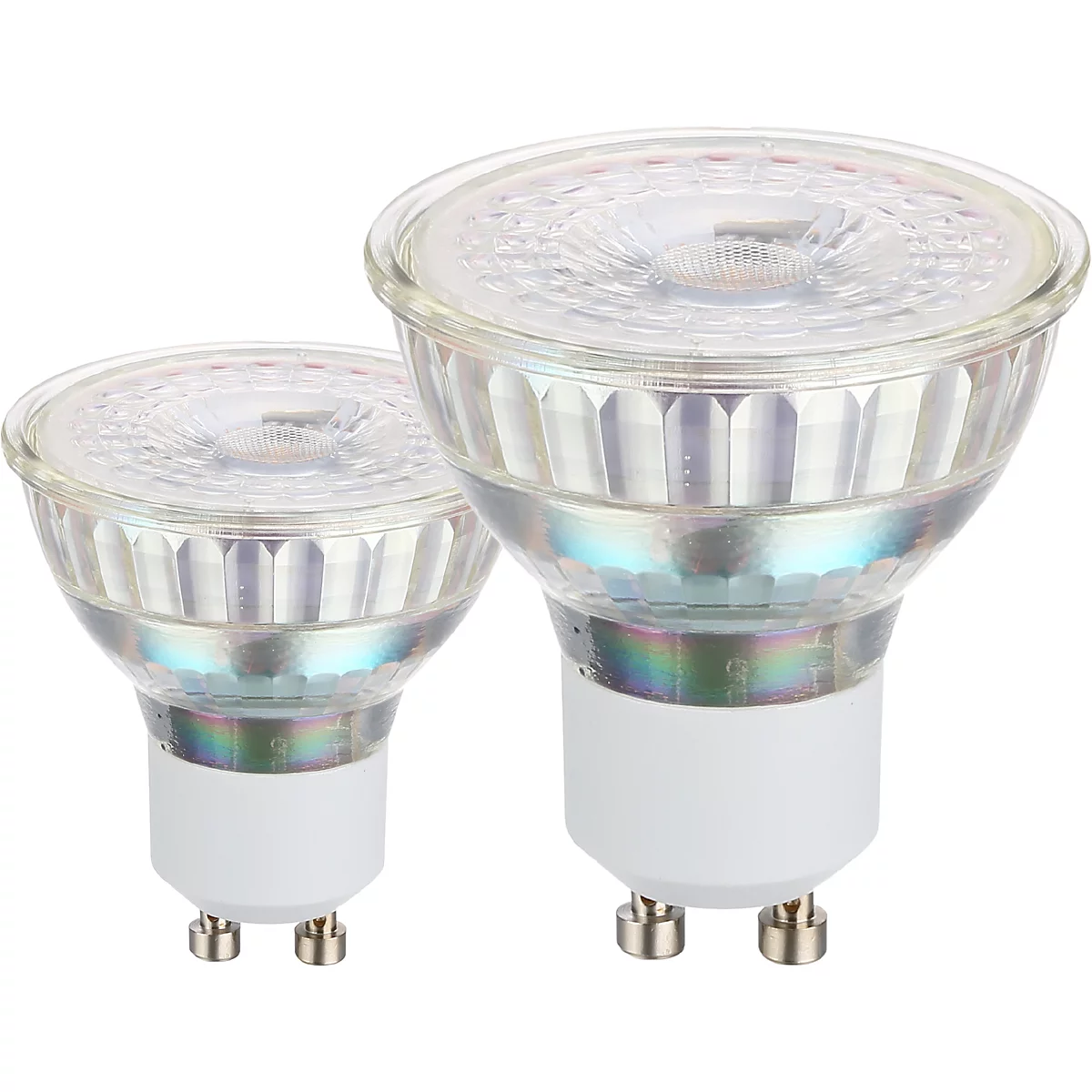 Deux ampoules LED à économie d'énergie avec couvercle en verre et base blanche, sur fond blanc.