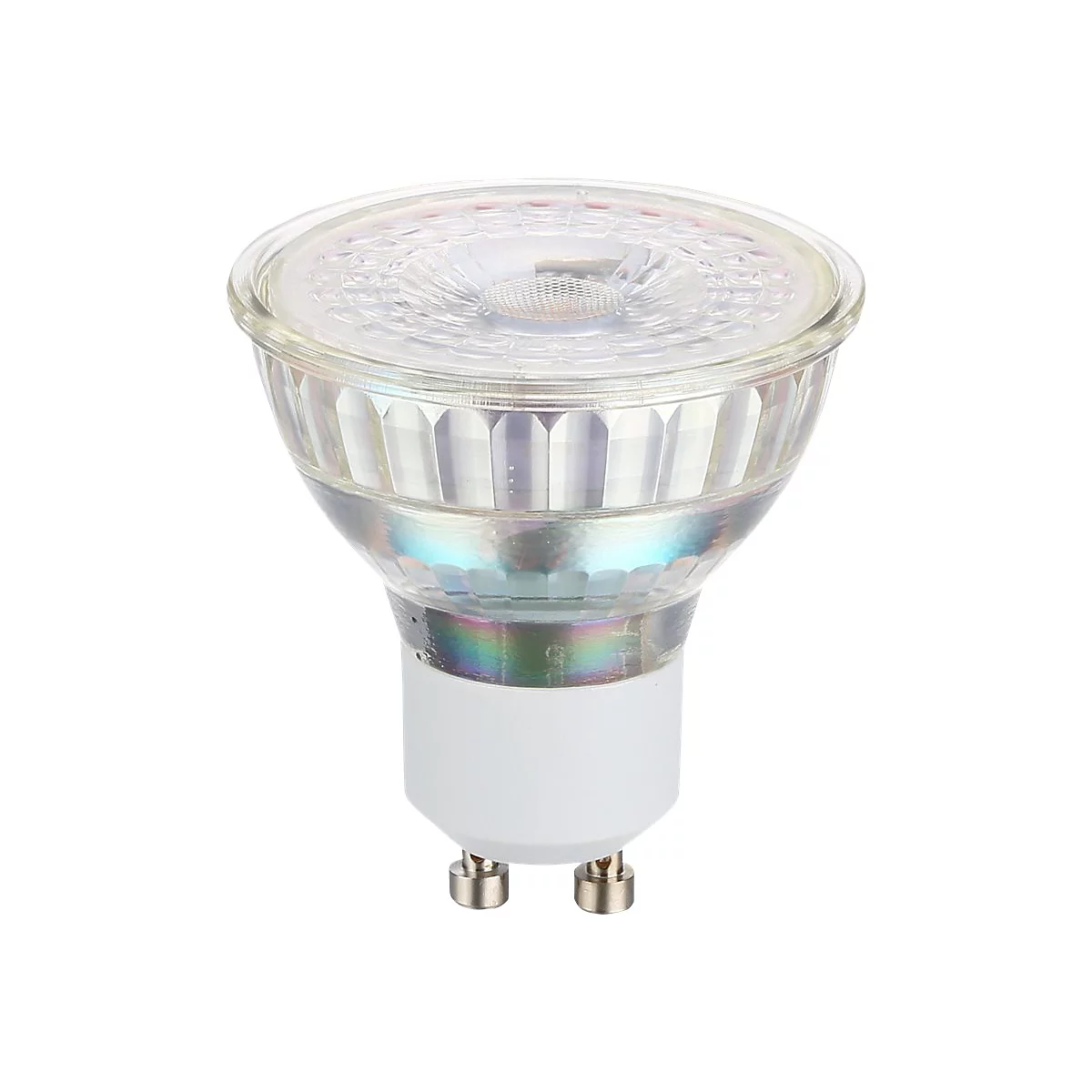 Gros plan d'une ampoule halogène avec verre transparent, base blanche et deux contacts métalliques.