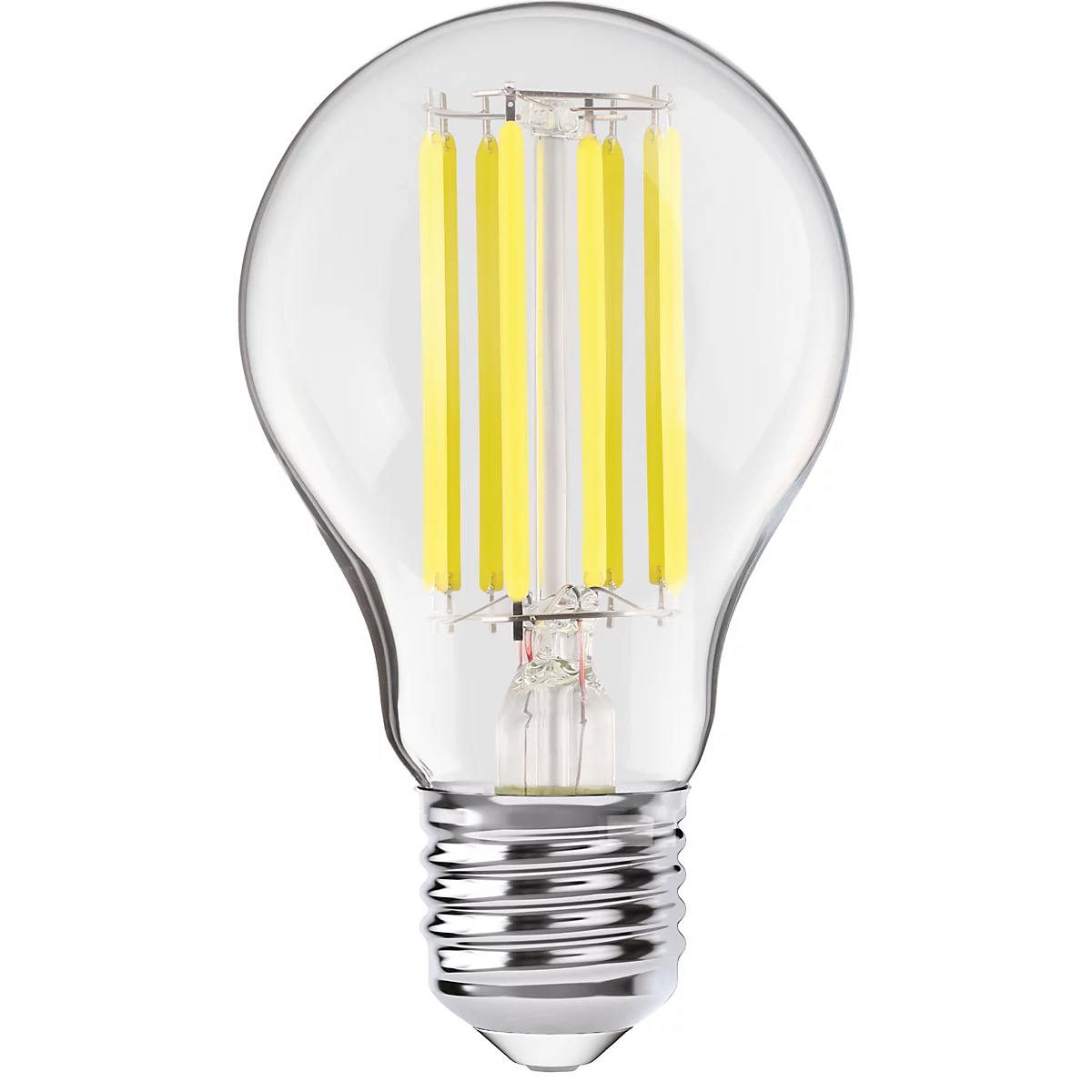 Gros plan d'une ampoule LED. Le verre transparent enferme des éléments lumineux jaunes. La base est argentée.