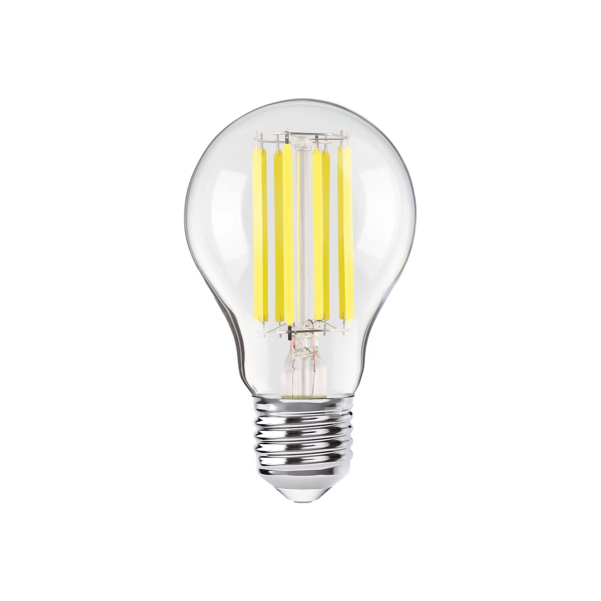 Gros plan d'une ampoule LED sur fond blanc. L'ampoule a une forme en verre et des éléments LED jaunes.