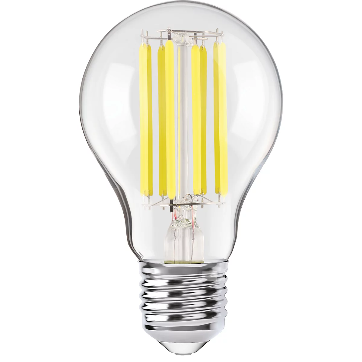 Gros plan d'une ampoule LED. À l'intérieur du bulbe en verre transparent, on trouve des éléments lumineux jaunes. La base est argentée.