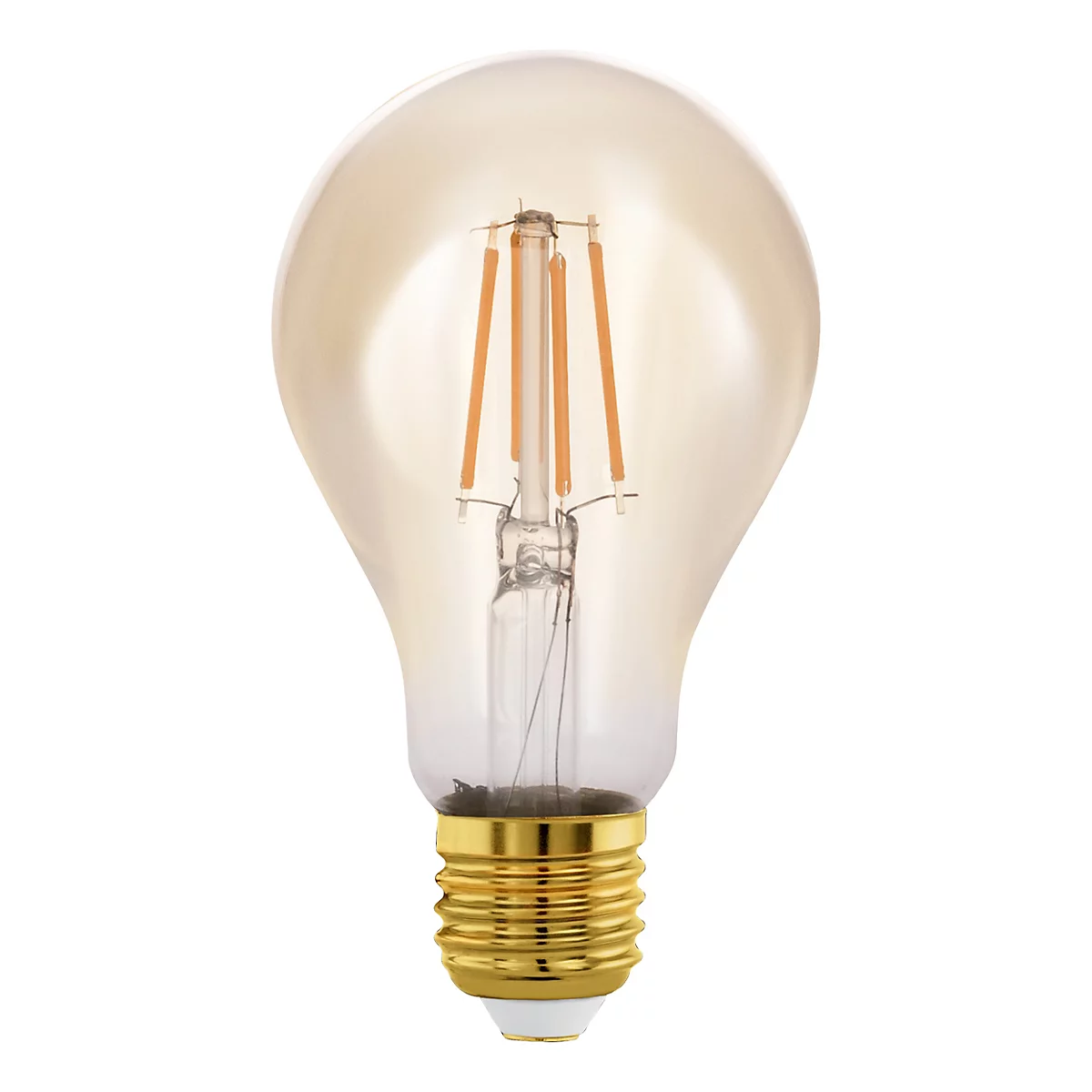 Une ampoule LED vintage sur fond blanc. L'ampoule a une forme en poire avec une base dorée.