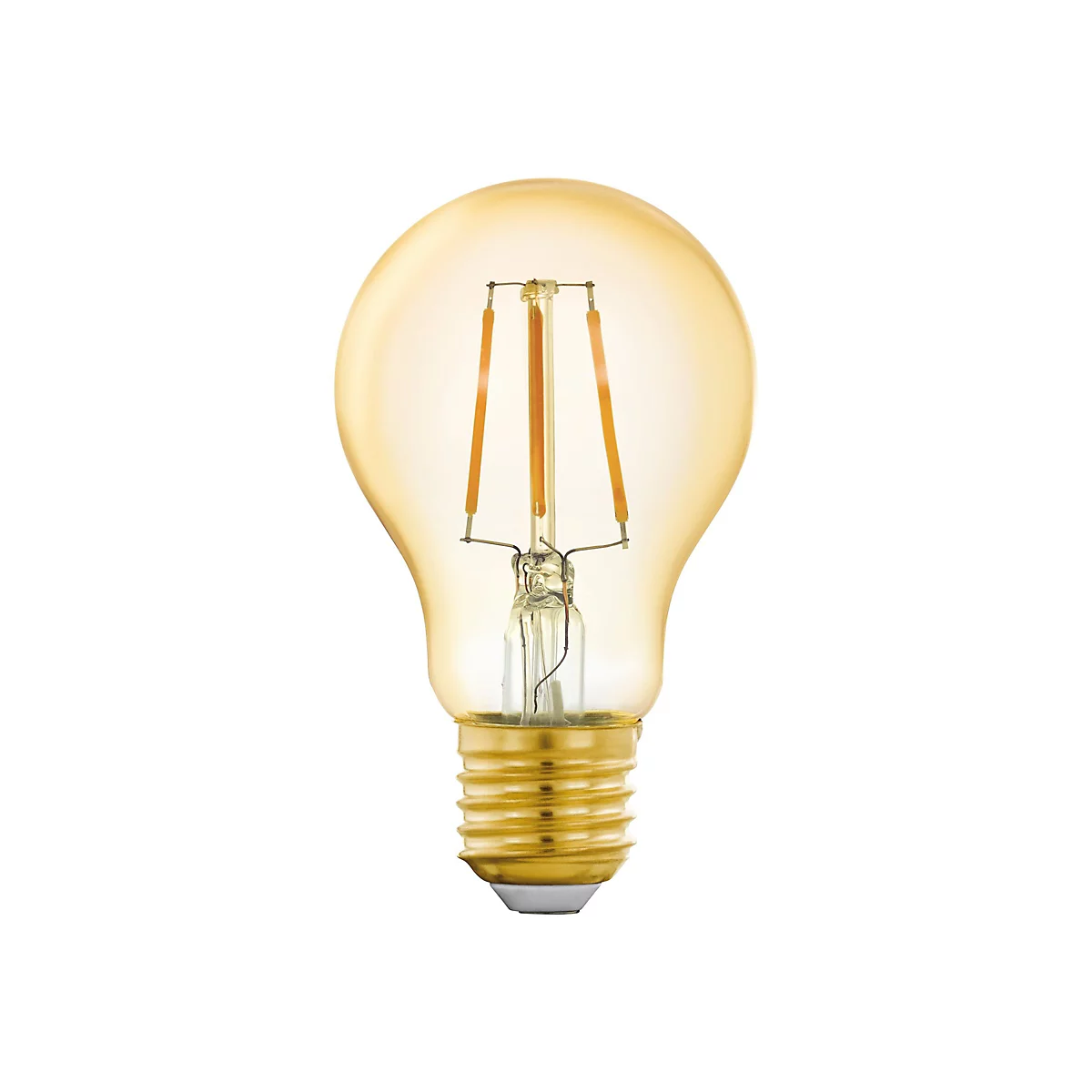 Ampoule LED jaunâtre sur fond blanc. L'ampoule a une forme de goutte avec des fils délicats à l'intérieur et un filetage à vis doré.