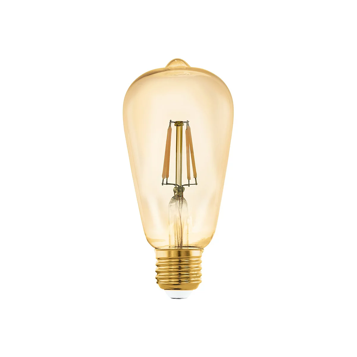 Une ampoule jaunâtre en forme de goutte, avec des filaments visibles et une base dorée, isolée sur fond blanc.