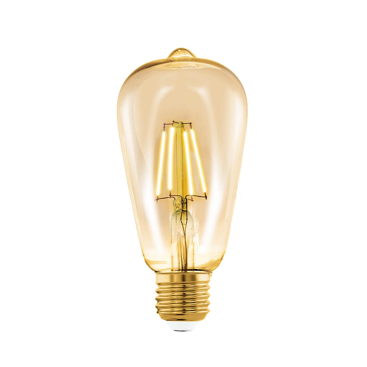 Ampoule LED en forme de poire sur fond blanc. L'ampoule a une teinte dorée et des filaments lumineux jaunâtres.