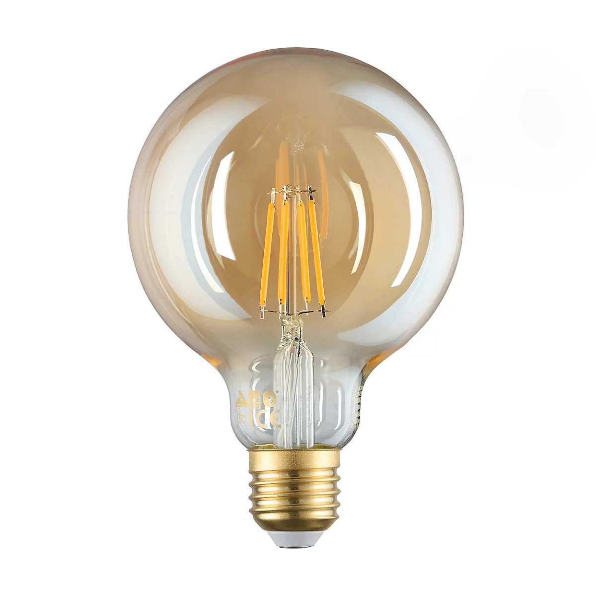 Une ampoule avec du verre clair et un abat-jour jaune-or, de bas en haut avec une base dorée.