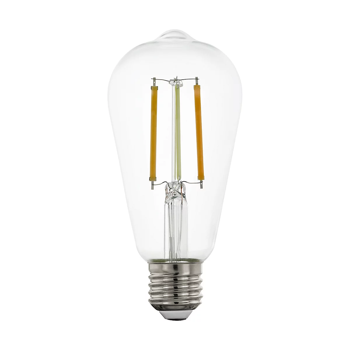 Une ampoule LED transparente de style vintage, avec un culot E27. L'ampoule a une forme de poire et des filaments orange.