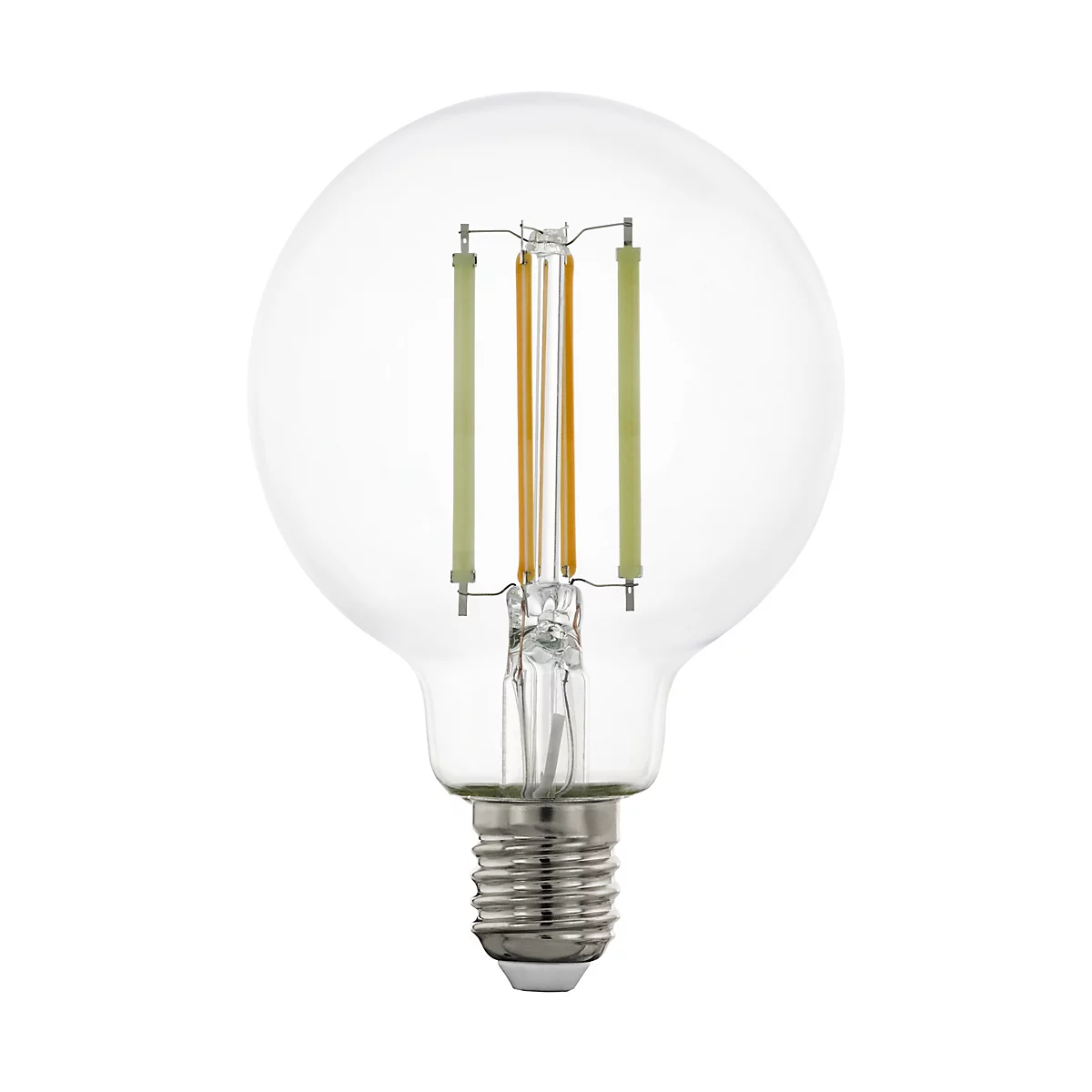 Ampoule LED ronde et claire sur fond blanc. L'ampoule présente une base en métal, un bulbe en verre et une structure interne en filigrane.