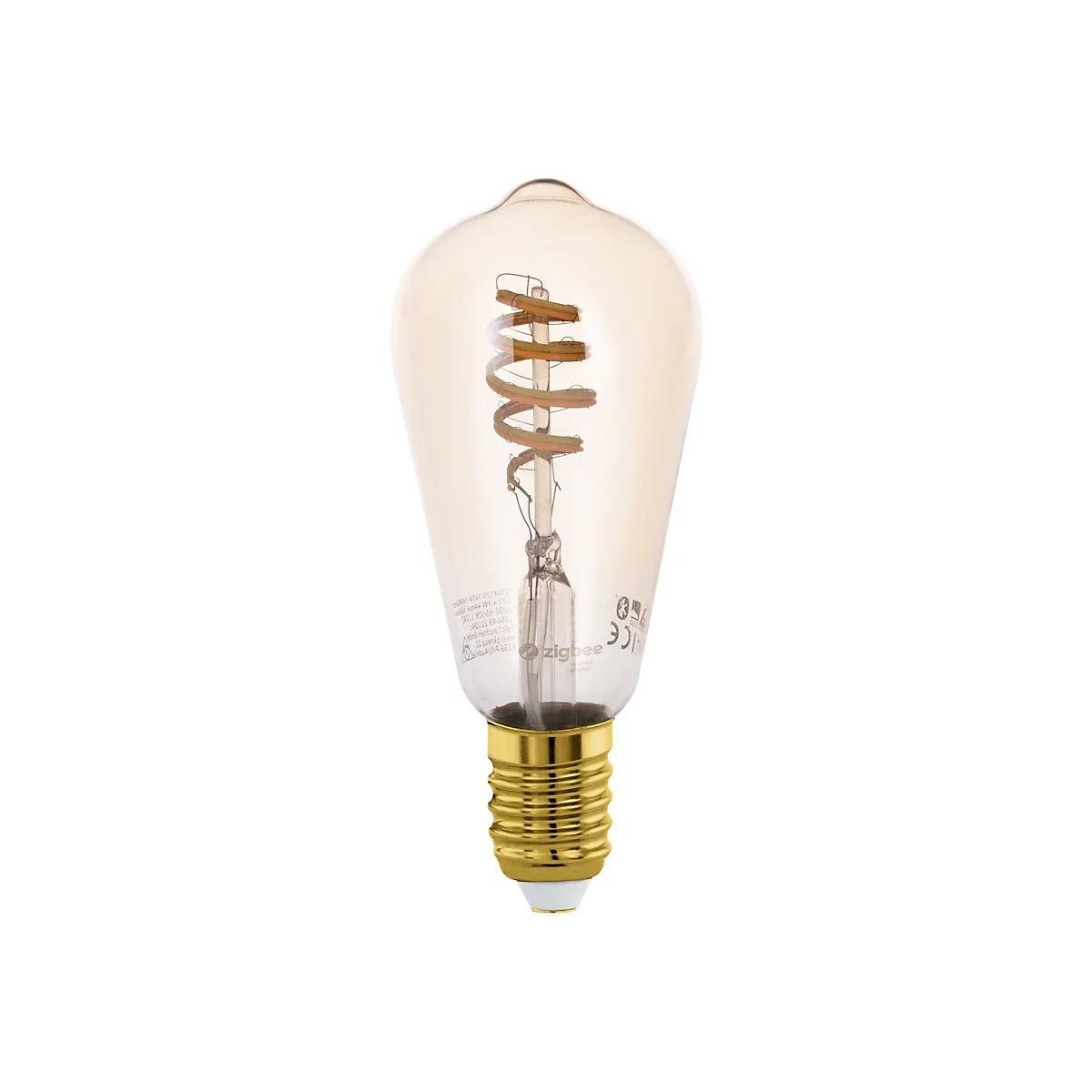 Une ampoule Edison sur fond blanc. Le globe en verre est teinté de brun, avec une spirale frappante au milieu. La base est de couleur or.