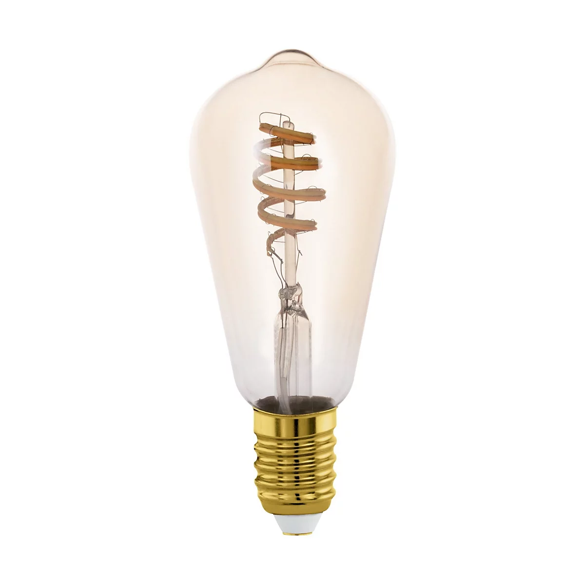 Une ampoule vintage en forme de poire, transparente avec une base dorée et un filament. Sur fond blanc.