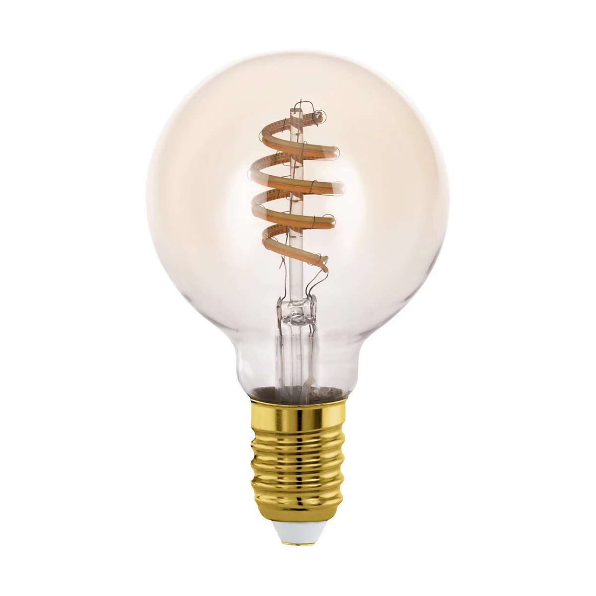 Ampoule sphérique avec base dorée et filament en spirale.
