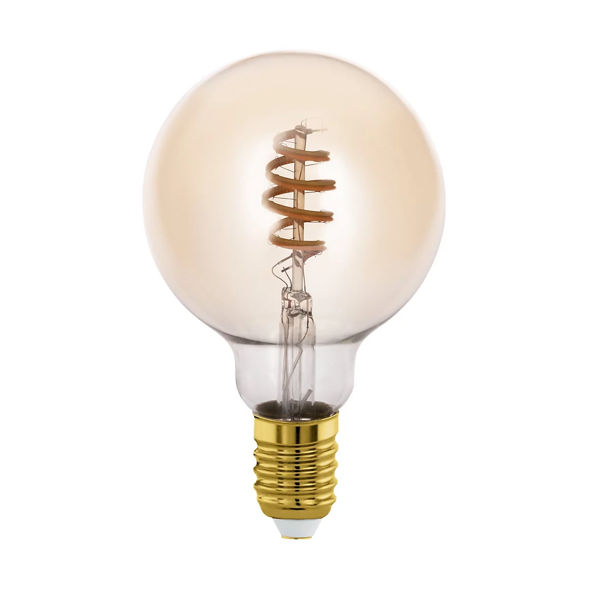 Une ampoule avec un filament en spirale. L'ampoule est ronde, avec du verre ambré. La base est dorée.