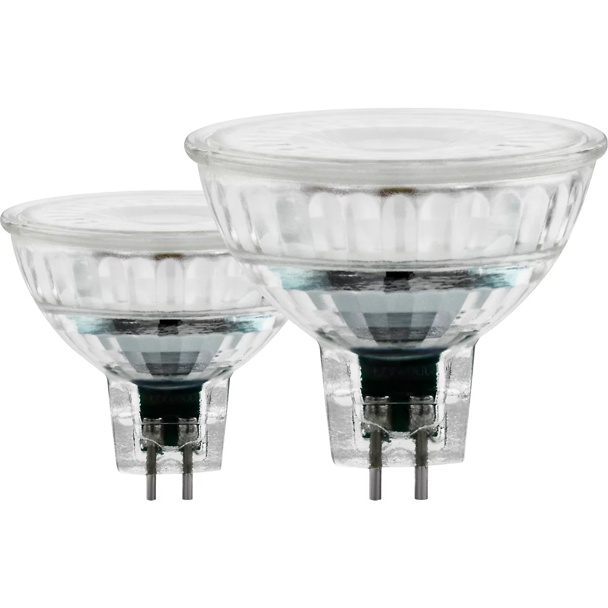 Deux lampes LED transparentes avec des broches métalliques. Lampes en forme de verre avec un dessus bombé et une structure latérale cannelée.