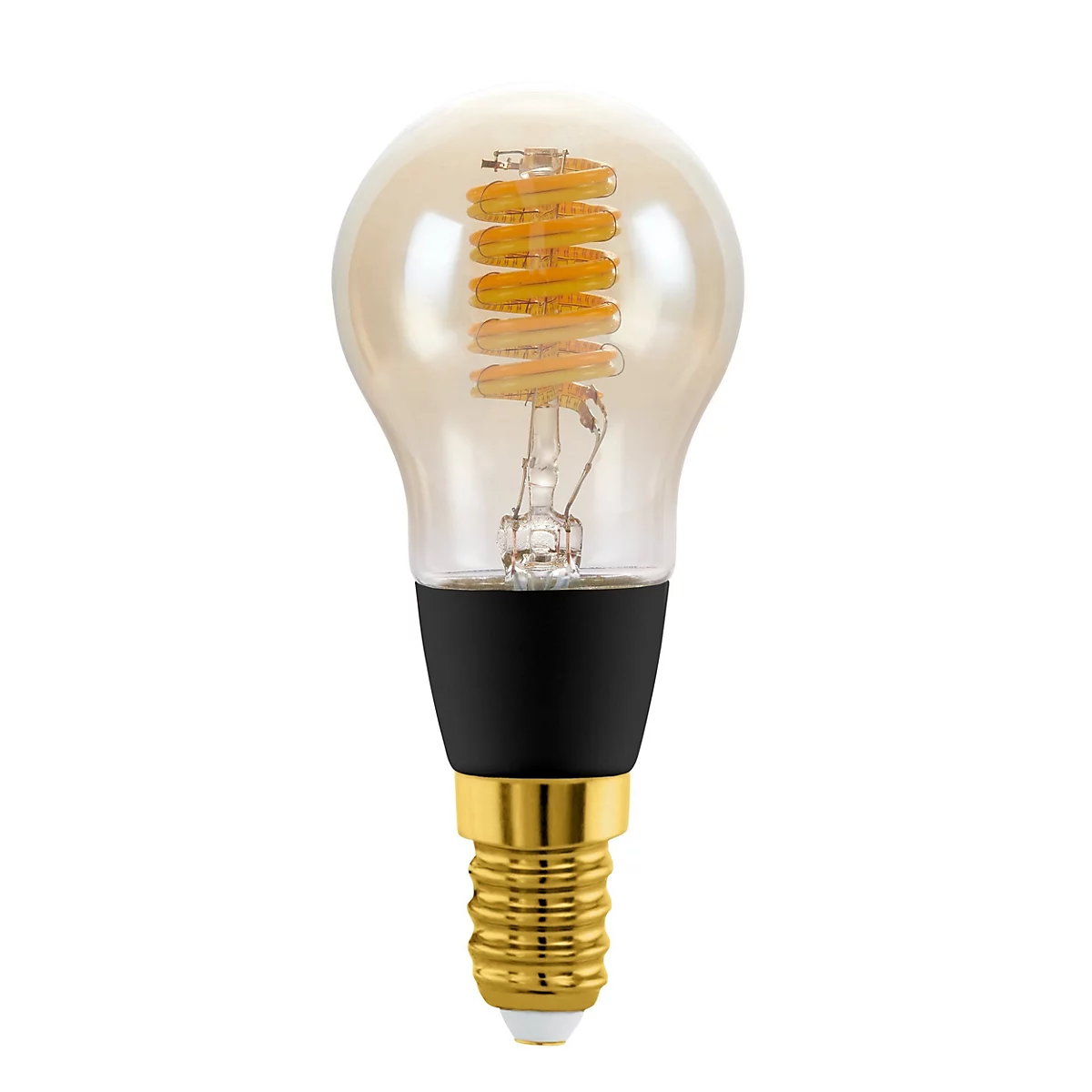 Gros plan sur une ampoule LED décorative. L'ampoule a une spirale de filaments orange à l'intérieur et une base noire. La partie inférieure est dorée.